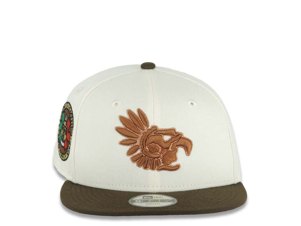 (Youth) Mexico Aztec New Era 9FIFTY 950 Kid Snapback Cap Hat Cream Crown Brown Visor Brown Headdress Logo Aztec Calendar Side Patch