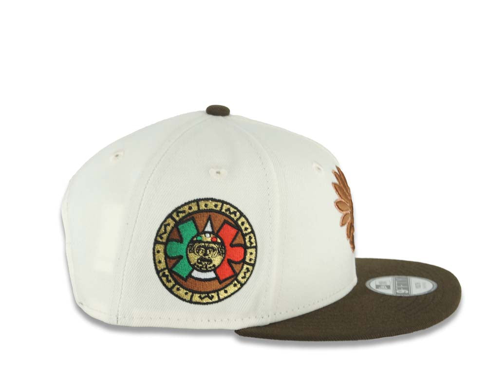 (Youth) Mexico Aztec New Era 9FIFTY 950 Kid Snapback Cap Hat Cream Crown Brown Visor Brown Headdress Logo Aztec Calendar Side Patch