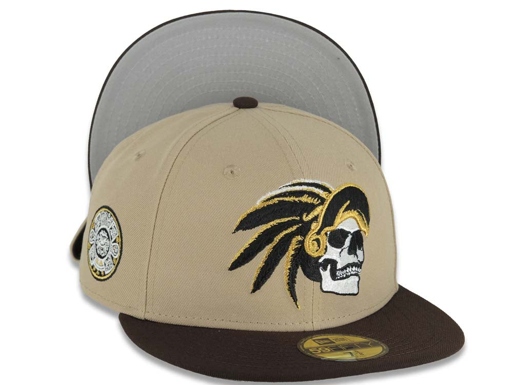 Mexico New Era 59FIFTY 5950 Fitted Cap Hat Khaki Crown Dark Brown Visor White/Black/Metallic Gold Skull Logo Aztec Calendar Side Patch Gray UV