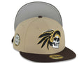 Mexico New Era 59FIFTY 5950 Fitted Cap Hat Khaki Crown Dark Brown Visor White/Black/Metallic Gold Skull Logo Aztec Calendar Side Patch Gray UV