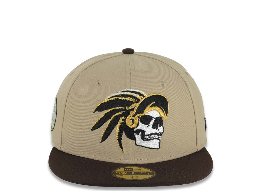 Mexico New Era 59FIFTY 5950 Fitted Cap Hat Khaki Crown Dark Brown Visor White/Black/Metallic Gold Skull Logo Aztec Calendar Side Patch Gray UV