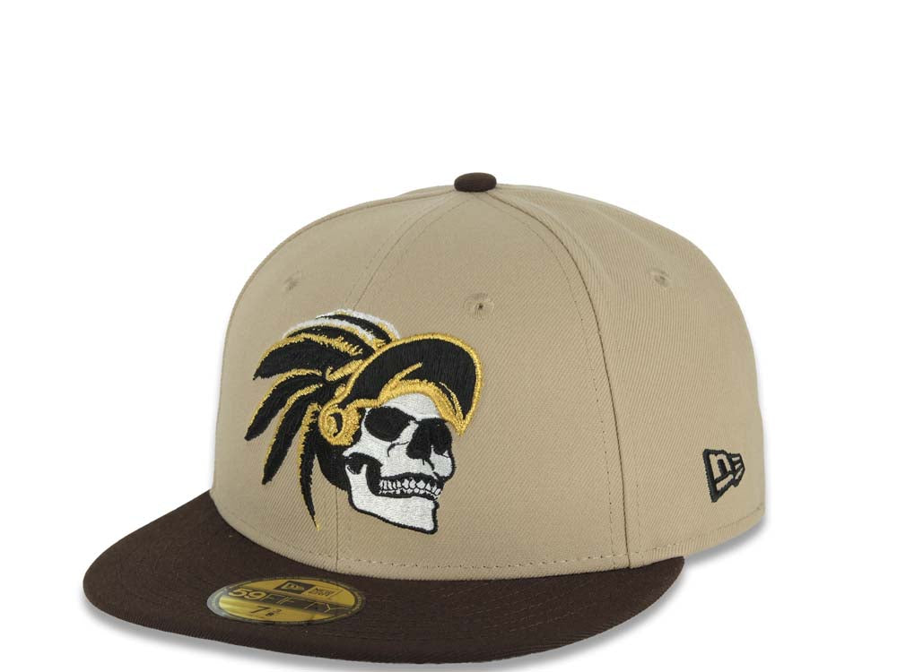 Mexico New Era 59FIFTY 5950 Fitted Cap Hat Khaki Crown Dark Brown Visor White/Black/Metallic Gold Skull Logo Aztec Calendar Side Patch Gray UV