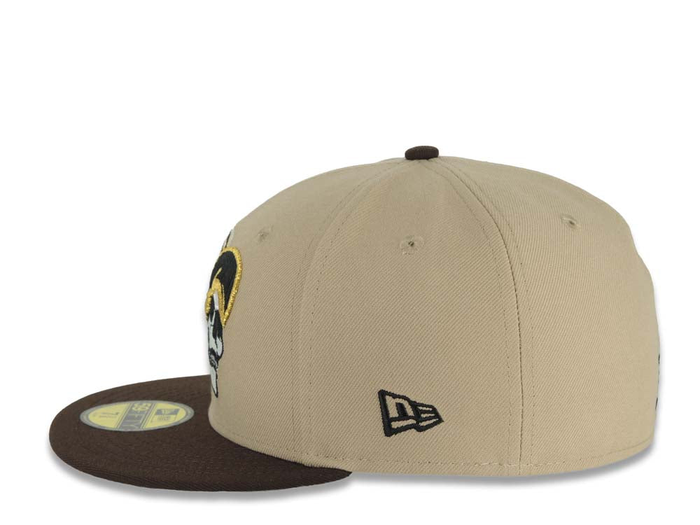 Mexico New Era 59FIFTY 5950 Fitted Cap Hat Khaki Crown Dark Brown Visor White/Black/Metallic Gold Skull Logo Aztec Calendar Side Patch Gray UV