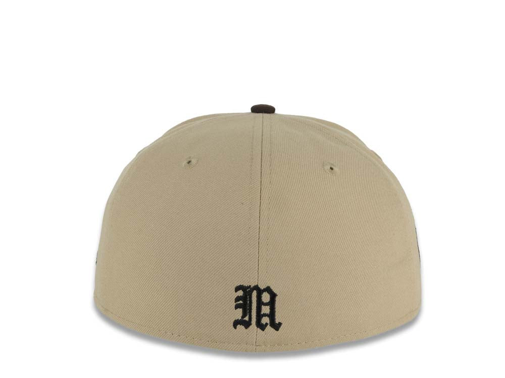 Mexico New Era 59FIFTY 5950 Fitted Cap Hat Khaki Crown Dark Brown Visor White/Black/Metallic Gold Skull Logo Aztec Calendar Side Patch Gray UV