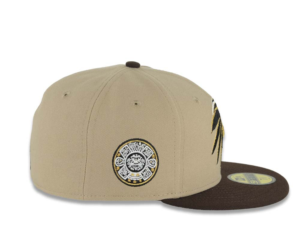 Mexico New Era 59FIFTY 5950 Fitted Cap Hat Khaki Crown Dark Brown Visor White/Black/Metallic Gold Skull Logo Aztec Calendar Side Patch Gray UV