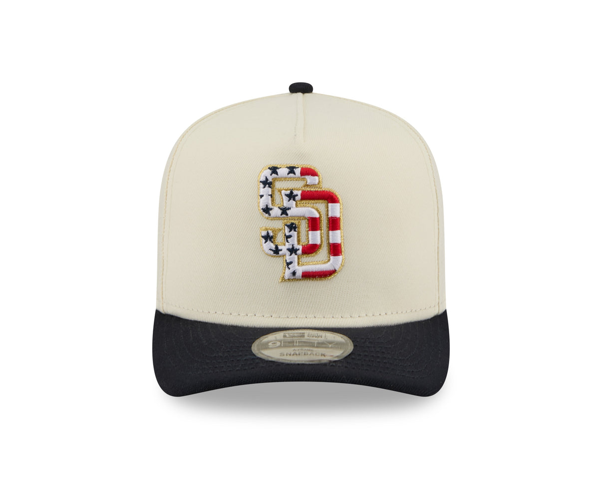 San Diego Padres New Era MLB 9FIFTY 950 Snapback A-Frame Cap Hat Cream Crown Navy Visor White/Red Logo 250th Anniversary Side Patch (2026 4th of July)
