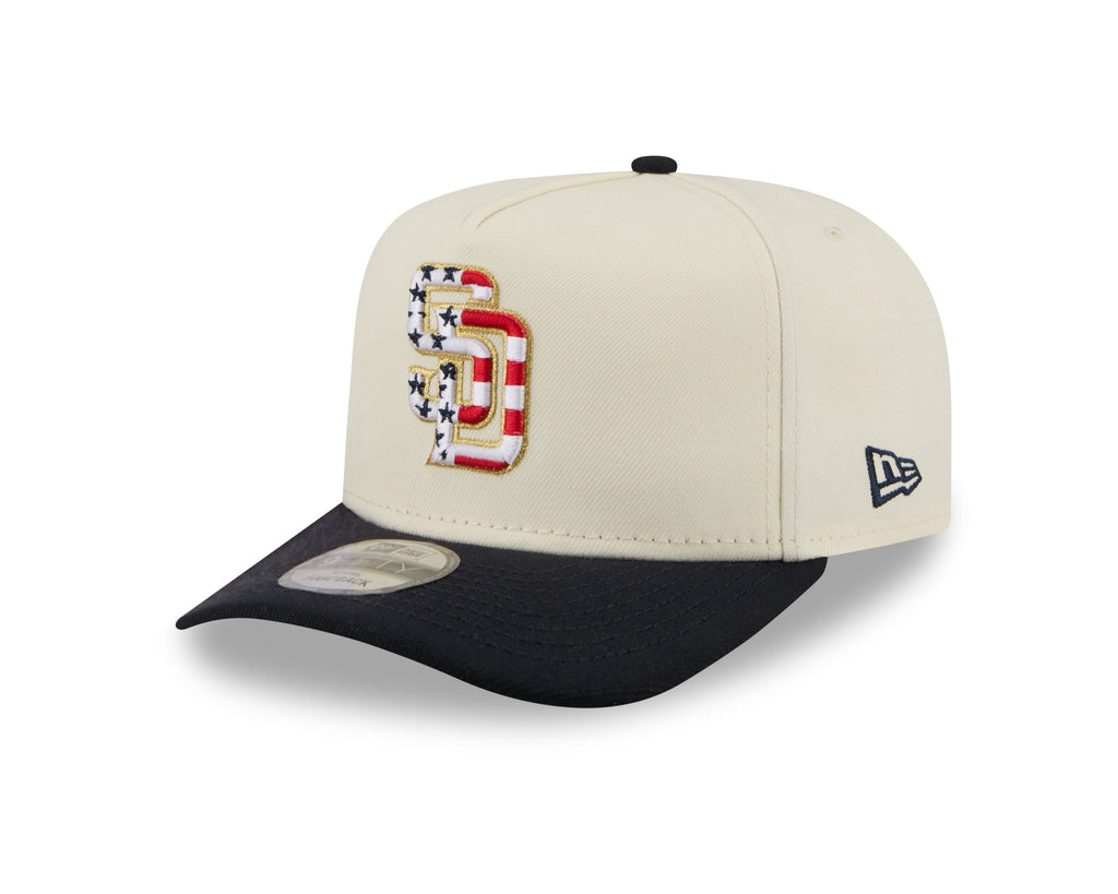 San Diego Padres New Era MLB 9FIFTY 950 Snapback A-Frame Cap Hat Cream Crown Navy Visor White/Red Logo 250th Anniversary Side Patch (2026 4th of July)