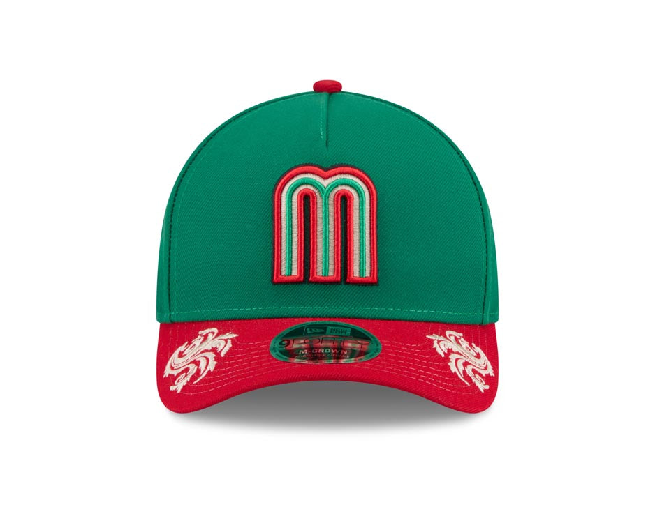 Mexico New Era 9FORTY 940 Adjustable M-Crown Cap Hat Green Crown Red Visor Team Color Logo Gray UV (Wordmark)