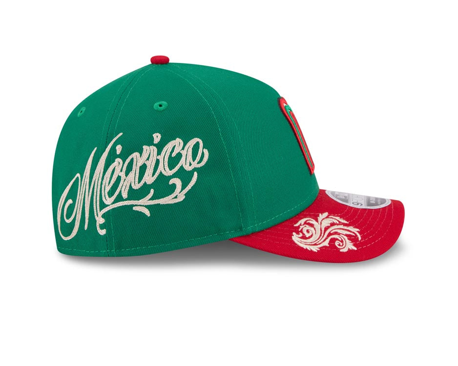 Mexico New Era 9FORTY 940 Adjustable M-Crown Cap Hat Green Crown Red Visor Team Color Logo Gray UV (Wordmark)