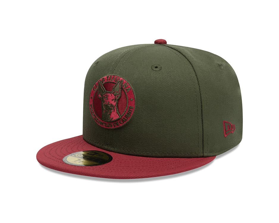 Xolos de Tijuana New Era Liga MX 59FIFTY 5950 Fitted Cap Hat Dark Olive Green Crown Maroon Visor Maroon/Olive Logo Gray UV