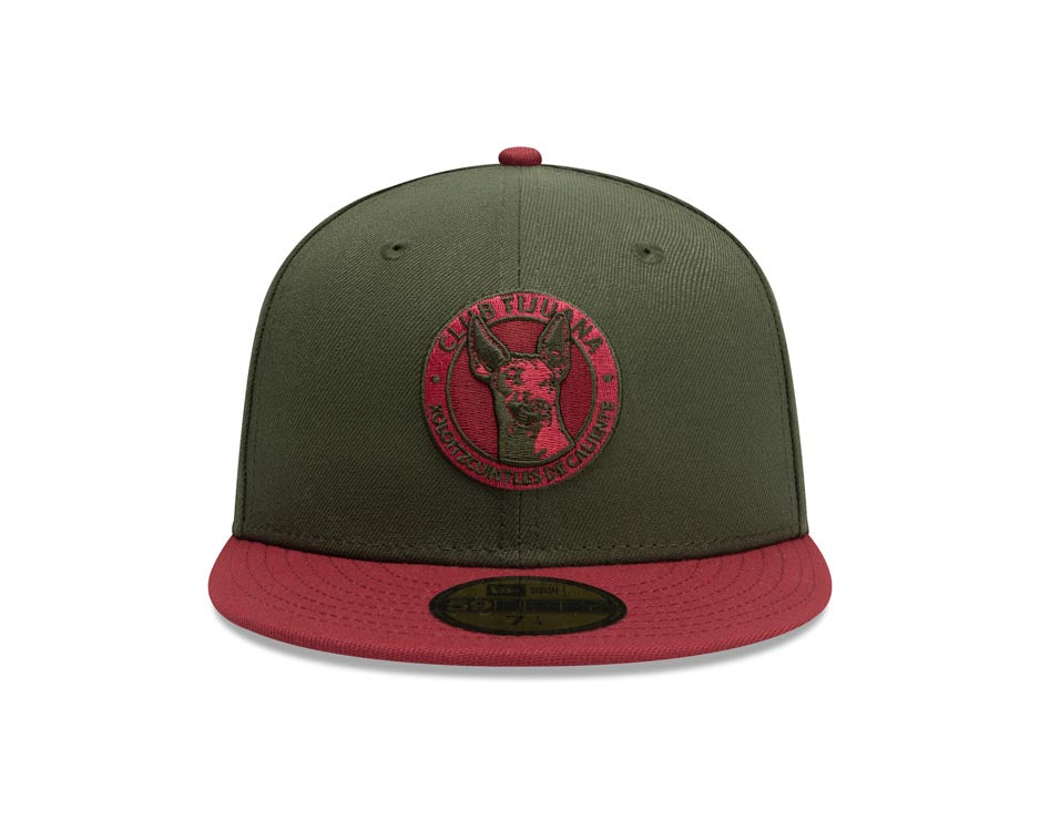 Xolos de Tijuana New Era Liga MX 59FIFTY 5950 Fitted Cap Hat Dark Olive Green Crown Maroon Visor Maroon/Olive Logo Gray UV