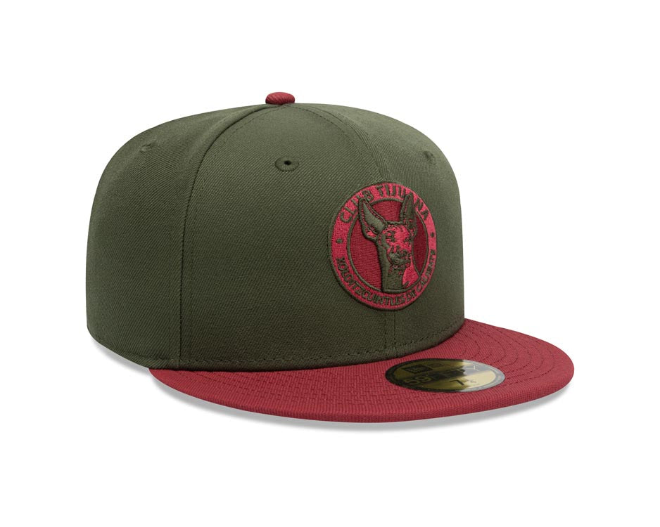 Xolos de Tijuana New Era Liga MX 59FIFTY 5950 Fitted Cap Hat Dark Olive Green Crown Maroon Visor Maroon/Olive Logo Gray UV