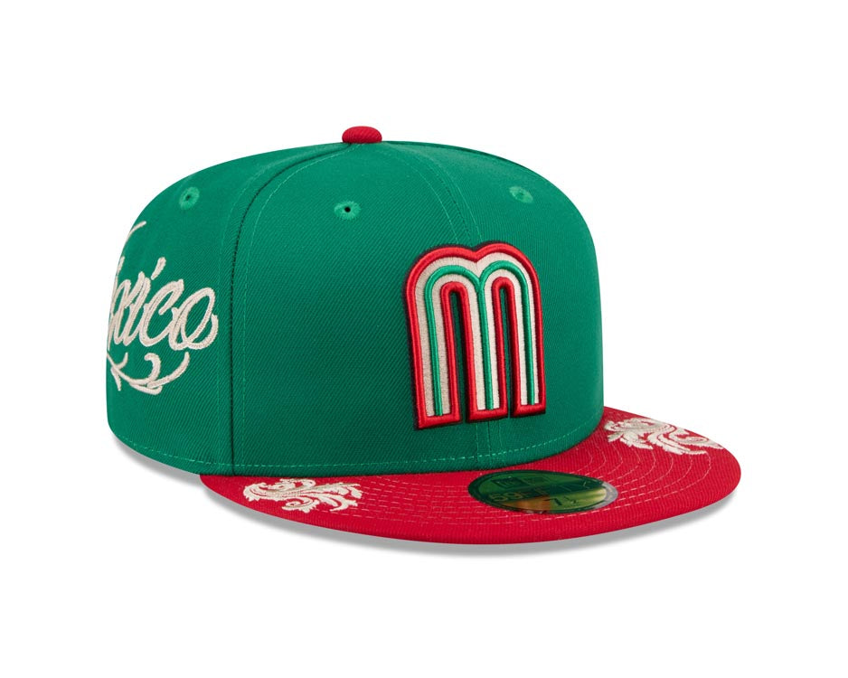 Mexico New Era 59FIFTY 5950 Fitted Cap Hat Green Crown Red Visor Team Color Logo Gray UV (Wordmark)