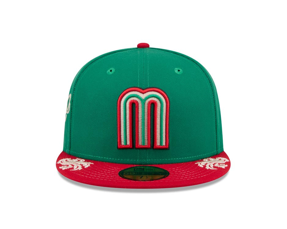 Mexico New Era 59FIFTY 5950 Fitted Cap Hat Green Crown Red Visor Team Color Logo Gray UV (Wordmark)