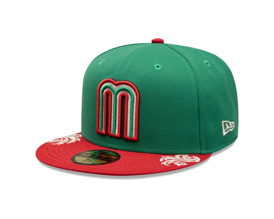 Mexico New Era 59FIFTY 5950 Fitted Cap Hat Green Crown Red Visor Team Color Logo Gray UV (Wordmark)