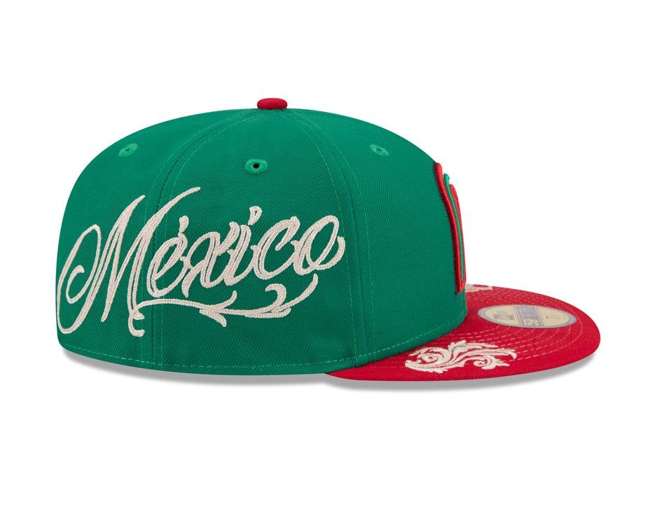 Mexico New Era 59FIFTY 5950 Fitted Cap Hat Green Crown Red Visor Team Color Logo Gray UV (Wordmark)