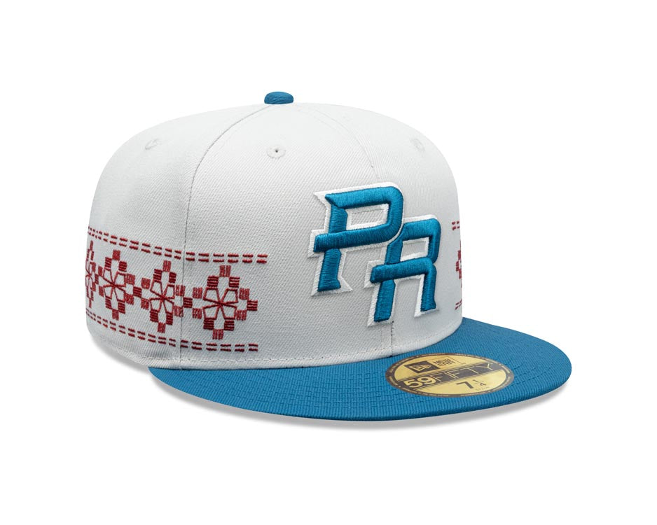 Puerto Rico New Era 59FIFTY 5950 Fitted Cap Hat Stone Crown Blue Visor Blue/White Logo Gray UV (Latin Embroidery)