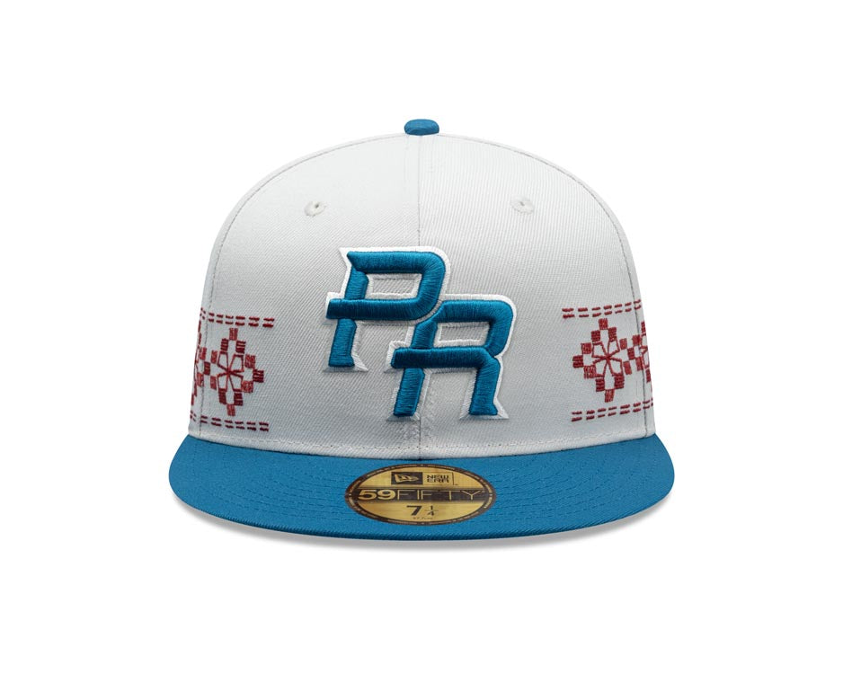 Puerto Rico New Era 59FIFTY 5950 Fitted Cap Hat Stone Crown Blue Visor Blue/White Logo Gray UV (Latin Embroidery)
