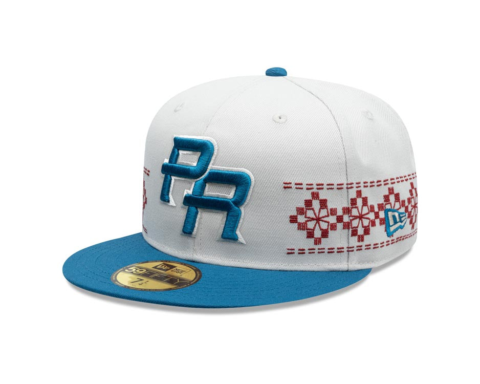 Puerto Rico New Era 59FIFTY 5950 Fitted Cap Hat Stone Crown Blue Visor Blue/White Logo Gray UV (Latin Embroidery)