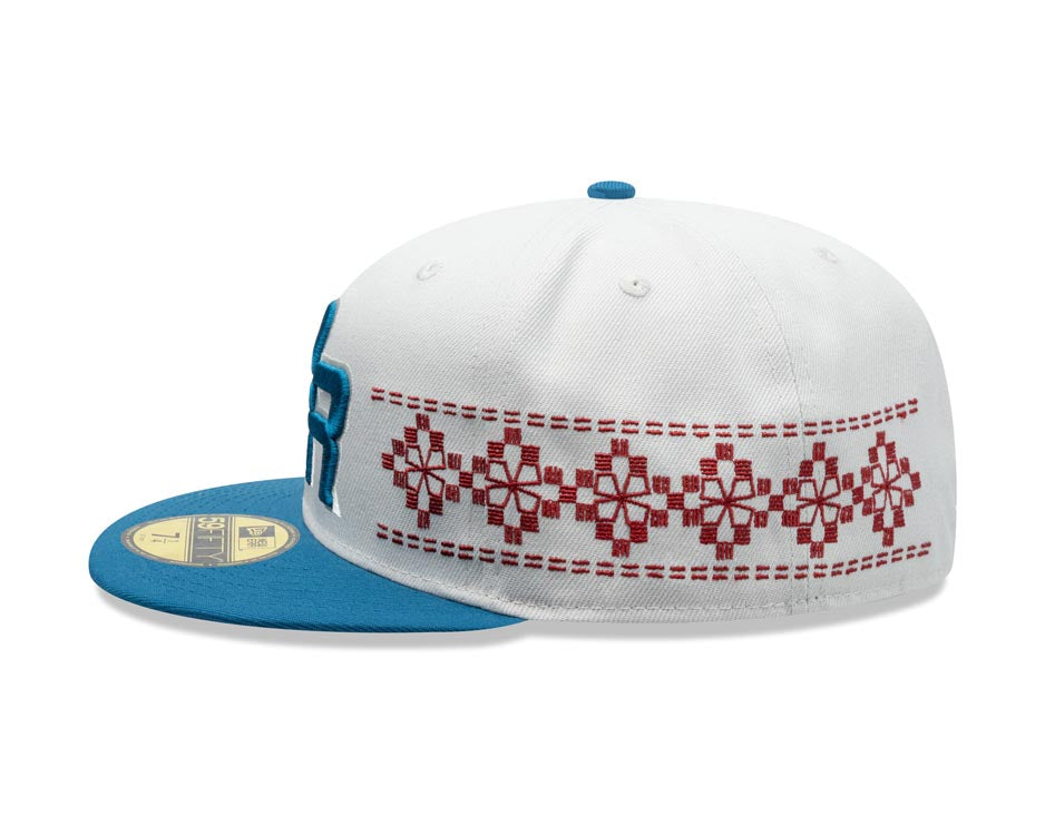 Puerto Rico New Era 59FIFTY 5950 Fitted Cap Hat Stone Crown Blue Visor Blue/White Logo Gray UV (Latin Embroidery)