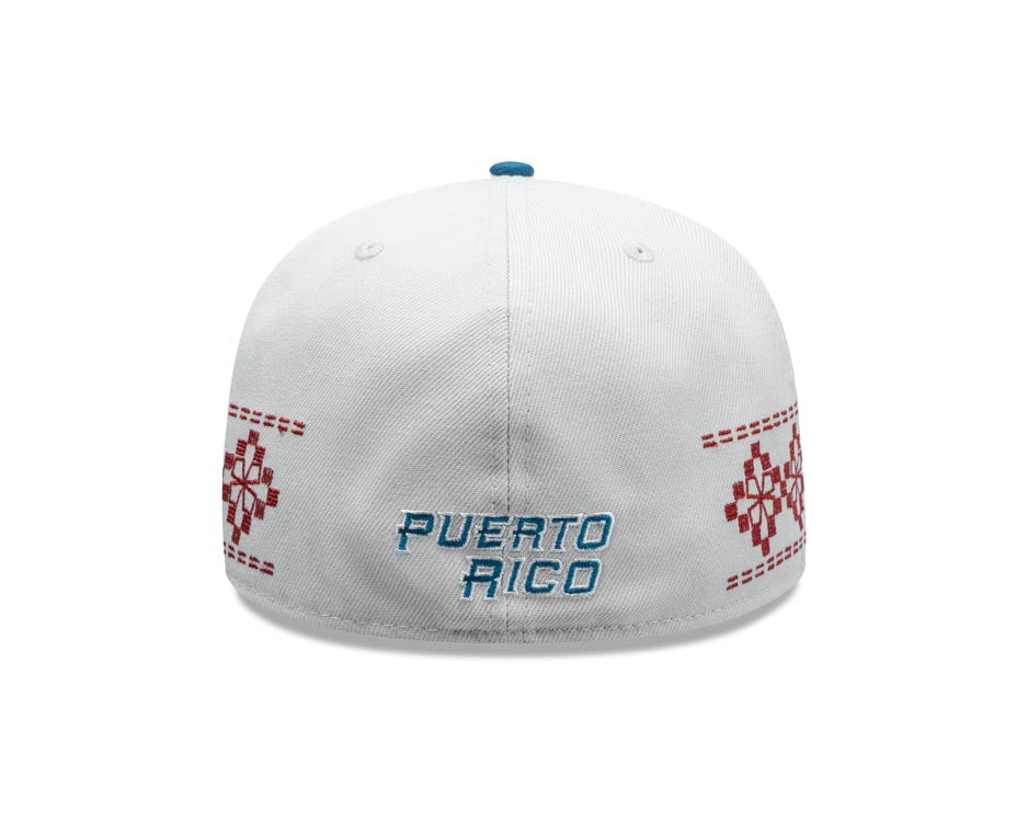 Puerto Rico New Era 59FIFTY 5950 Fitted Cap Hat Stone Crown Blue Visor Blue/White Logo Gray UV (Latin Embroidery)
