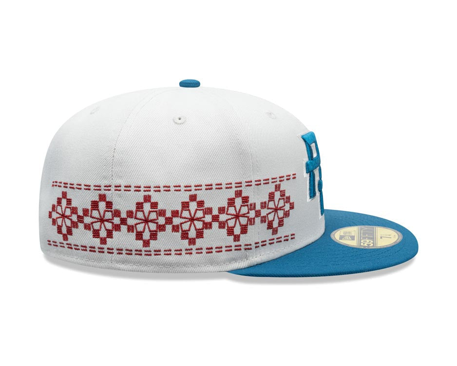 Puerto Rico New Era 59FIFTY 5950 Fitted Cap Hat Stone Crown Blue Visor Blue/White Logo Gray UV (Latin Embroidery)