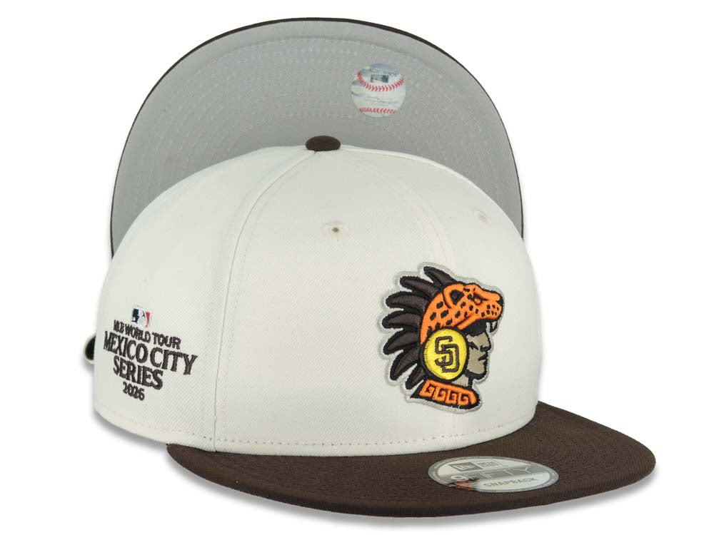 San Diego Padres New Era MLB 9FIFTY 950 Snapback Cap Hat Cream Crown Brown Visor Team Color Logo 2026 MLB World Tour Mexico City Series Side Patch