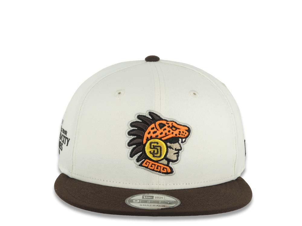 San Diego Padres New Era MLB 9FIFTY 950 Snapback Cap Hat Cream Crown Brown Visor Team Color Logo 2026 MLB World Tour Mexico City Series Side Patch