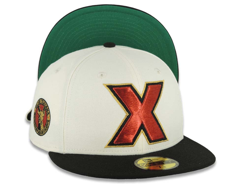 Xolos de Tijuana New Era Liga MX 59FIFTY 5950 Fitted Cap Hat Cream Crown Black Visor Red/Black/Gold Logo Club Tijuana Side Patch Green UV