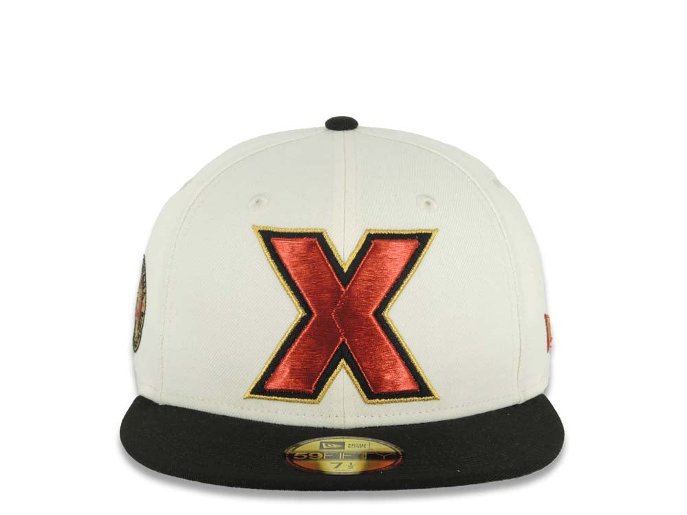 Xolos de Tijuana New Era Liga MX 59FIFTY 5950 Fitted Cap Hat Cream Crown Black Visor Red/Black/Gold Logo Club Tijuana Side Patch Green UV