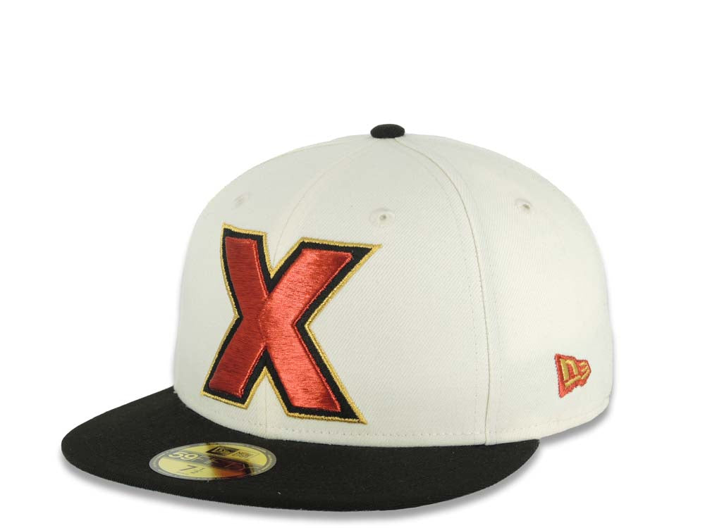 Xolos de Tijuana New Era Liga MX 59FIFTY 5950 Fitted Cap Hat Cream Crown Black Visor Red/Black/Gold Logo Club Tijuana Side Patch Green UV