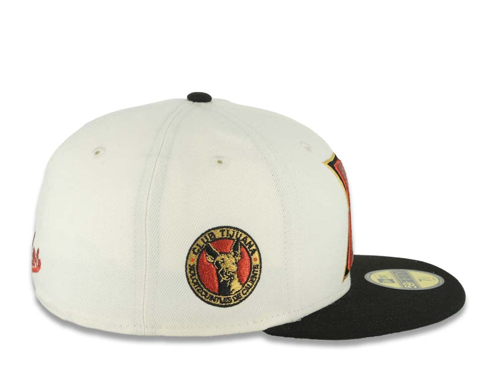Xolos de Tijuana New Era Liga MX 59FIFTY 5950 Fitted Cap Hat Cream Crown Black Visor Red/Black/Gold Logo Club Tijuana Side Patch Green UV