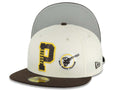 San Diego Padres New Era MLB 59FIFTY 5950 Fitted Cap Hat Cream Crown Dark Brown Visor Dark Brown/Yellow P Logo With Swinging Friar Gray UV