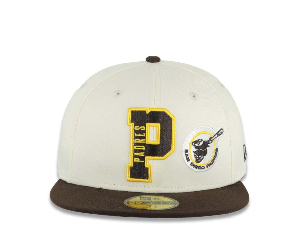 San Diego Padres New Era MLB 59FIFTY 5950 Fitted Cap Hat Cream Crown Dark Brown Visor Dark Brown/Yellow P Logo With Swinging Friar Gray UV