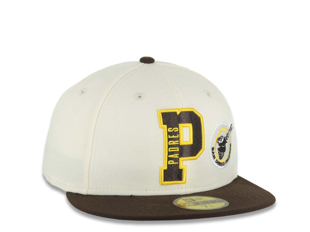 San Diego Padres New Era MLB 59FIFTY 5950 Fitted Cap Hat Cream Crown Dark Brown Visor Dark Brown/Yellow P Logo With Swinging Friar Gray UV