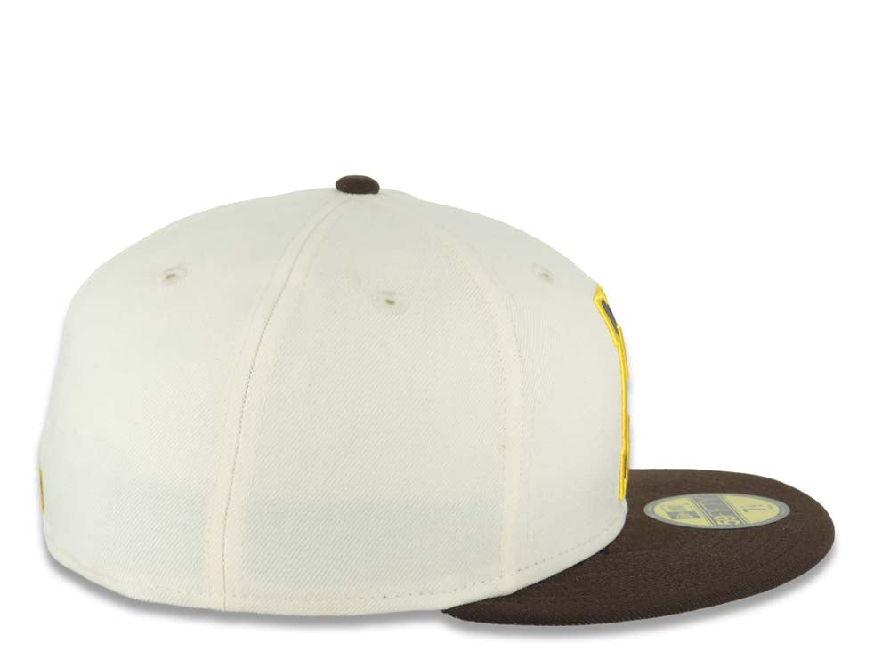 San Diego Padres New Era MLB 59FIFTY 5950 Fitted Cap Hat Cream Crown Dark Brown Visor Dark Brown/Yellow P Logo With Swinging Friar Gray UV