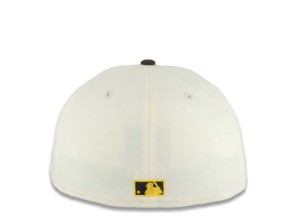 San Diego Padres New Era MLB 59FIFTY 5950 Fitted Cap Hat Cream Crown Dark Brown Visor Dark Brown/Yellow P Logo With Swinging Friar Gray UV