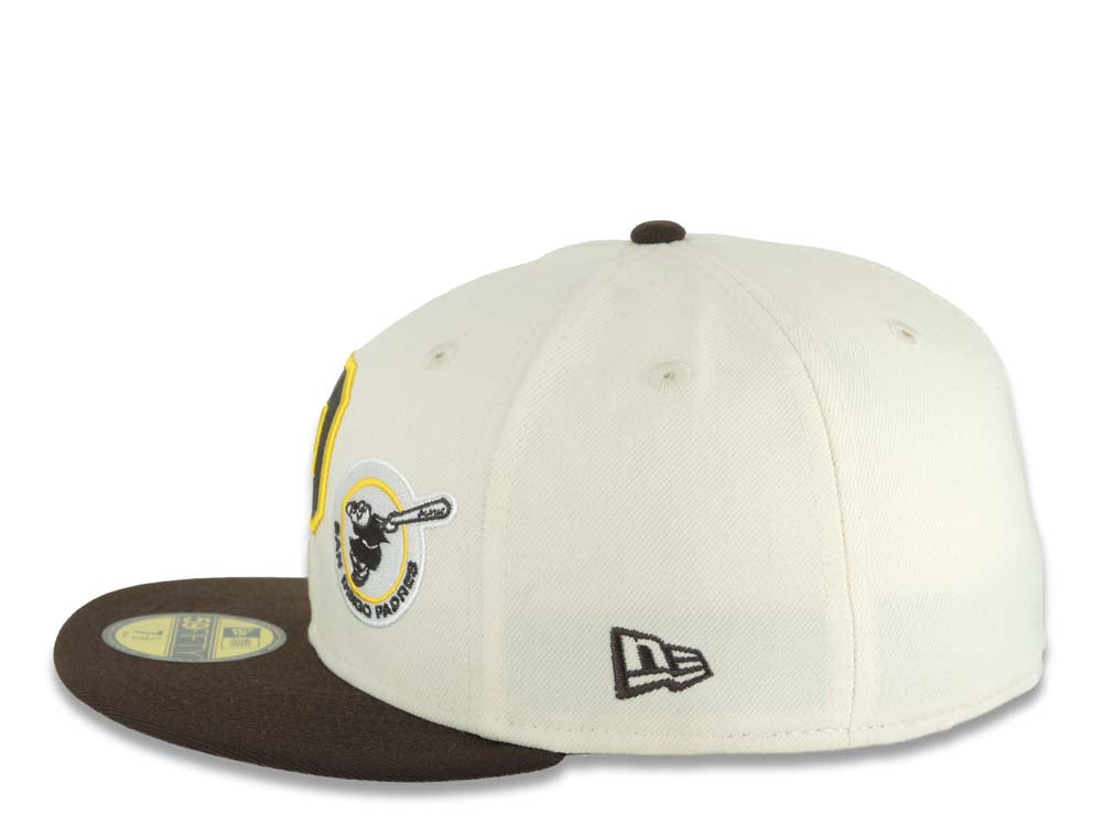 San Diego Padres New Era MLB 59FIFTY 5950 Fitted Cap Hat Cream Crown Dark Brown Visor Dark Brown/Yellow P Logo With Swinging Friar Gray UV
