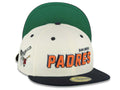 San Diego Padres New Era MLB 59FIFTY 5950 Fitted Cap Hat Cream Crown Navy Blue Visor Orange/Navy/White Script Logo Swinging Friar Side Patch Green UV