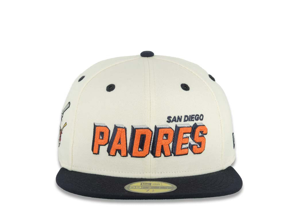 San Diego Padres New Era MLB 59FIFTY 5950 Fitted Cap Hat Cream Crown Navy Blue Visor Orange/Navy/White Script Logo Swinging Friar Side Patch Green UV
