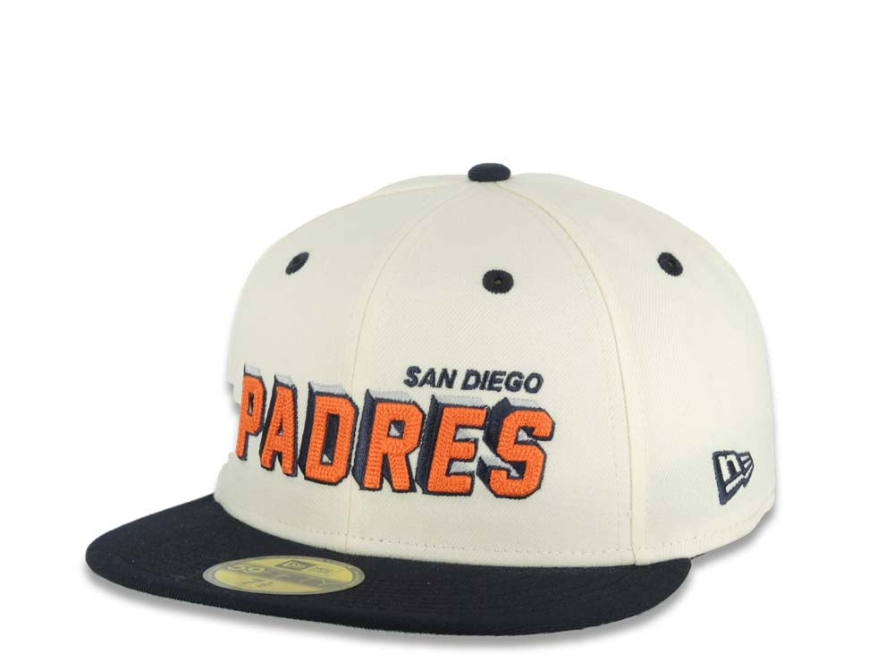 San Diego Padres New Era MLB 59FIFTY 5950 Fitted Cap Hat Cream Crown Navy Blue Visor Orange/Navy/White Script Logo Swinging Friar Side Patch Green UV