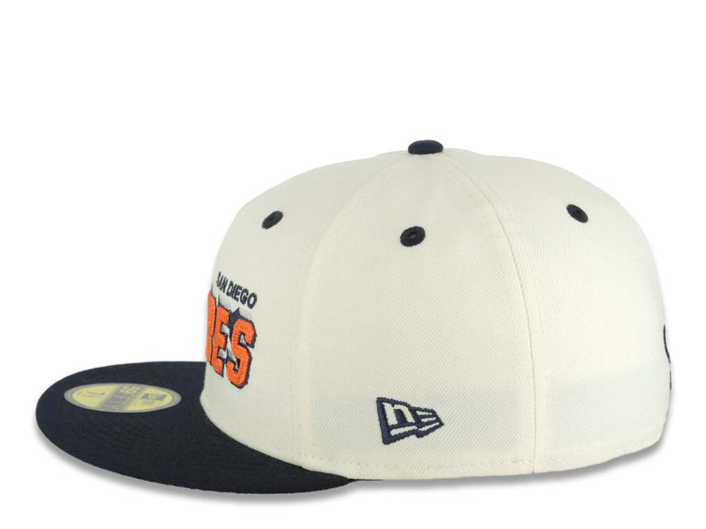 San Diego Padres New Era MLB 59FIFTY 5950 Fitted Cap Hat Cream Crown Navy Blue Visor Orange/Navy/White Script Logo Swinging Friar Side Patch Green UV