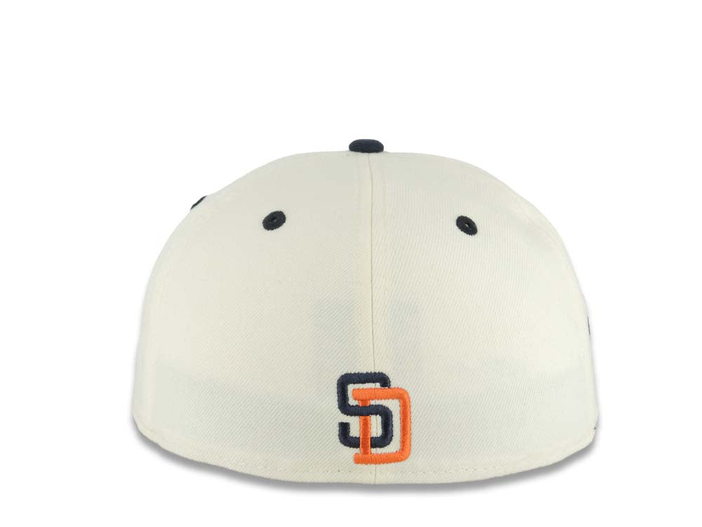 San Diego Padres New Era MLB 59FIFTY 5950 Fitted Cap Hat Cream Crown Navy Blue Visor Orange/Navy/White Script Logo Swinging Friar Side Patch Green UV