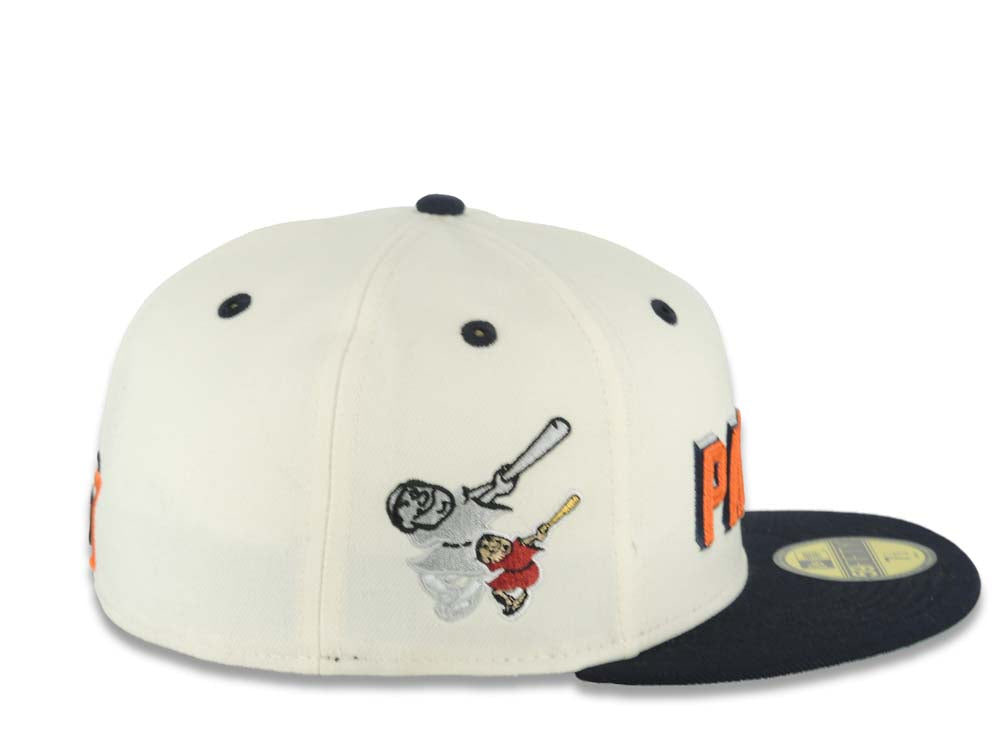 San Diego Padres New Era MLB 59FIFTY 5950 Fitted Cap Hat Cream Crown Navy Blue Visor Orange/Navy/White Script Logo Swinging Friar Side Patch Green UV