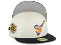 San Diego Padres New Era MLB 59FIFTY 5950 Fitted Cap Hat Cream Crown Navy Blue Visor Orange/Yellow Swinging Friar Logo Stadium Side Patch Gray UV