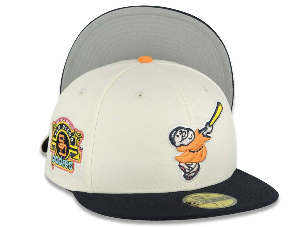 San Diego Padres New Era MLB 59FIFTY 5950 Fitted Cap Hat Cream Crown Navy Blue Visor Orange/Yellow Swinging Friar Logo Stadium Side Patch Gray UV