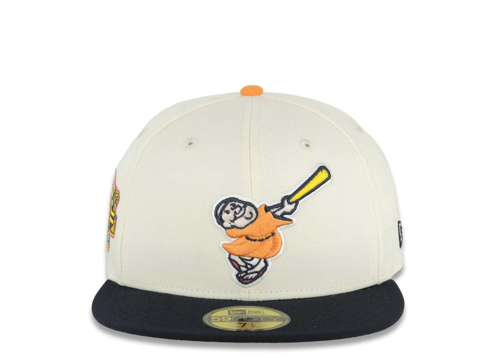 San Diego Padres New Era MLB 59FIFTY 5950 Fitted Cap Hat Cream Crown Navy Blue Visor Orange/Yellow Swinging Friar Logo Stadium Side Patch Gray UV