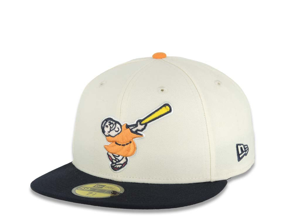 San Diego Padres New Era MLB 59FIFTY 5950 Fitted Cap Hat Cream Crown Navy Blue Visor Orange/Yellow Swinging Friar Logo Stadium Side Patch Gray UV