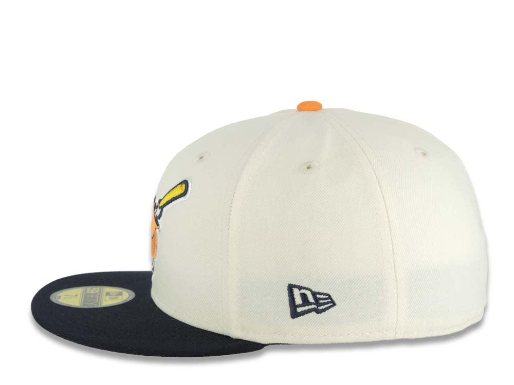 San Diego Padres New Era MLB 59FIFTY 5950 Fitted Cap Hat Cream Crown Navy Blue Visor Orange/Yellow Swinging Friar Logo Stadium Side Patch Gray UV