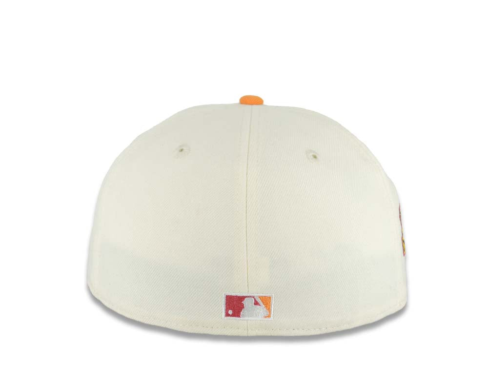 San Diego Padres New Era MLB 59FIFTY 5950 Fitted Cap Hat Cream Crown Navy Blue Visor Orange/Yellow Swinging Friar Logo Stadium Side Patch Gray UV